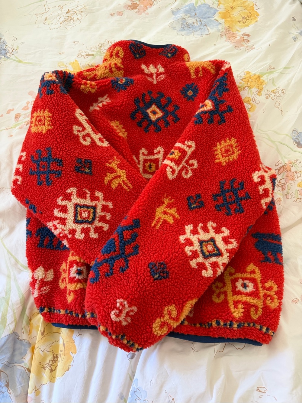 MOTHER Red Patterned Teddy Jacket with Navy Trim - Picture 4 of 5